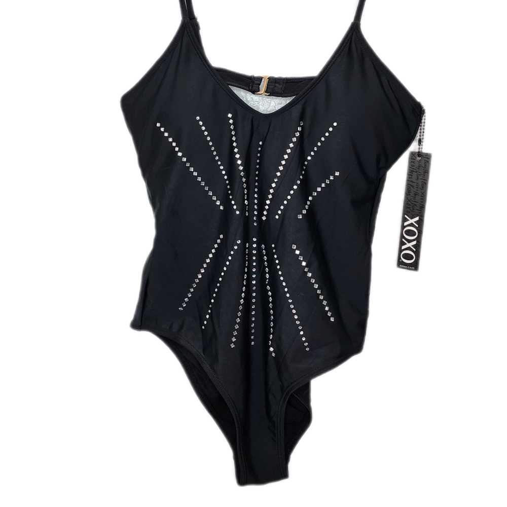 XOXO Womens NWT Black Bedazzled Rhinestone Trimmed Ome Piece Swimsuit - Large